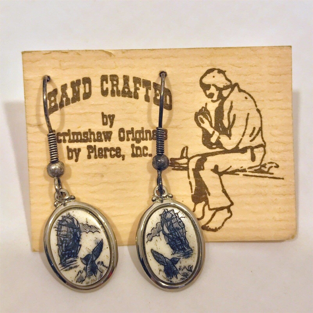 Vintage Handcrafted Scrimshaw Earrings Ship Whaling Scene Made In USA Artisan